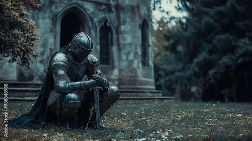 Kneeling knight. A knight in full suit of armor is kneeling and leaning on a sword