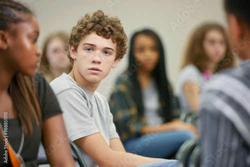 Teenagers In Class. Therapy Group Meeting with Psychologist for Young People