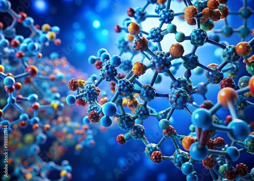 Microscopic view of PSA molecules suspended in a blue background, with vibrant lighting to highlight the intricate structures and shapes of the proteins