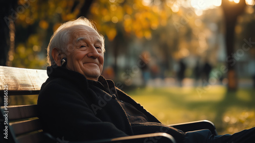 smiling elderly man with hearing aid enjoys sunny day in park