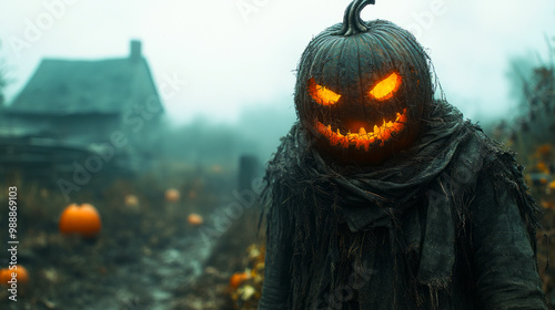 A spooky pumpkin creature stands in a foggy landscape, with glowing eyes and a menacing grin, surrounded by pumpkins and an eerie rural backdrop.