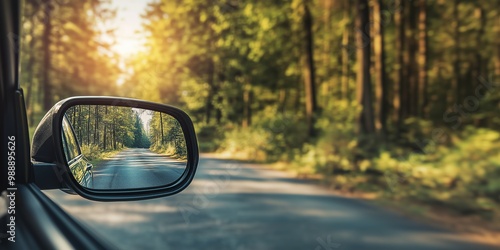 Rear view side mirror of a car on a highway, seen through the rear view mirror. Generative AI