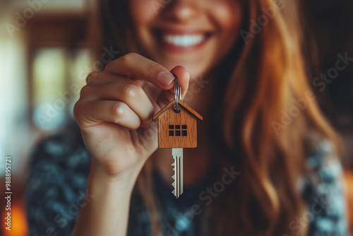 Smiling woman with keys from her new house in living room, focus on keys. Crop close up of female tenant renter show praise house keys moving to first own apartment. Relocate, rental, rent concept