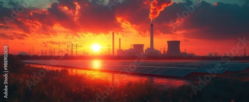 contrasting energy landscape with sleek solar farm in foreground imposing nuclear power plant in background dramatic sky emphasizing environmental dichotomy