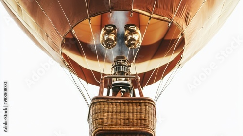 Close-up of a hot air balloon's basket and burners, isolated against a white background.