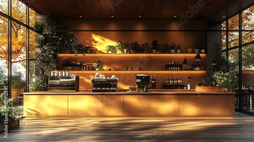 A contemporary cafe with a warm color scheme, cooking island in the center, and a mockup wall for branding