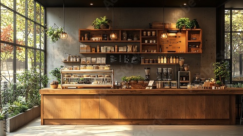 A contemporary cafe with a warm color scheme, cooking island in the center, and a mockup wall for branding