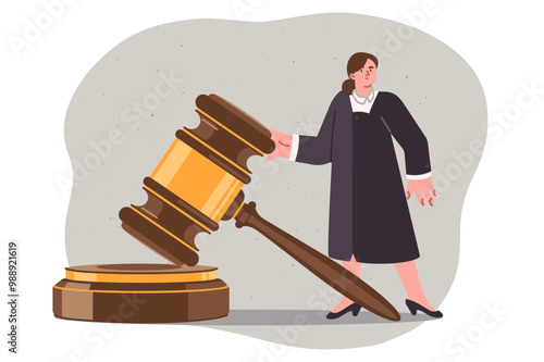 Woman judge makes fair decision for defendant who has broken law, standing near large gavel