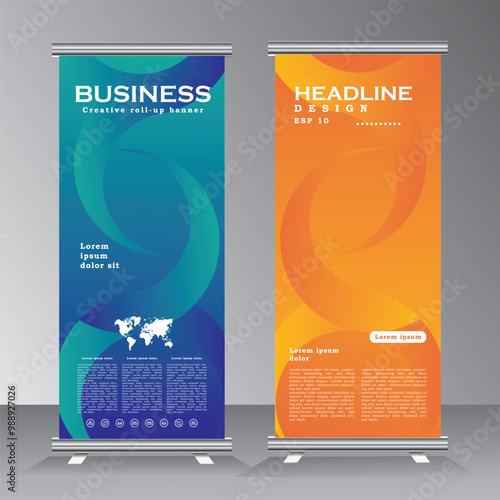 Business roll up banner design with orange and blue colour, corporate roll up banner template Design. marketing agency vertical roll up banner design. vector eps 10