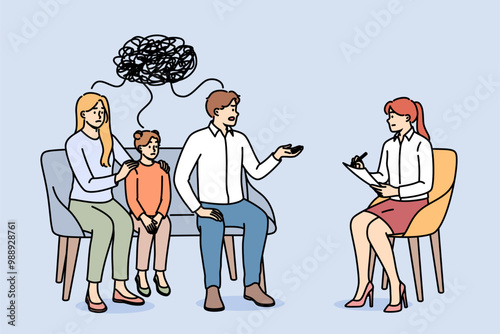 Family psychotherapy session for parents and little daughter sitting near psychologist. Family psychotherapy to resolve conflict and avoid quarrels or misunderstandings between child with mom and dad