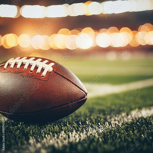 American football on a green field under stadium lights, ready for a game or practice