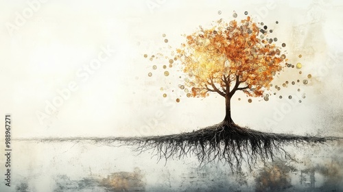 Conceptual art of a tree with roots in various currencies, economic policy, foundations of economic growth