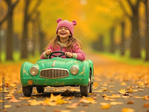 Retro style, Happy child riding vintage toy car in park filled with golden autumn leaves, childish happiness and seasonal beauty. Family vacation