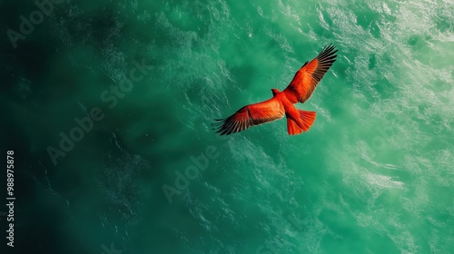 A striking red bird spreads its wings, soaring gracefully over emerald green ocean waters.