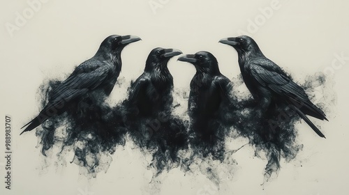 corvid quartet four ravens with wings outstretched in dynamic poses detailed feathers contrast against minimalist background avian majesty