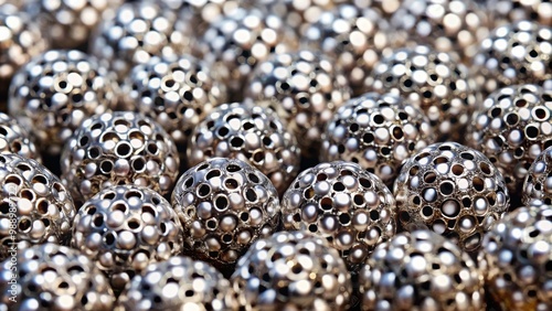 Close-up of numerous perforated angle metal beads arranged in a pattern