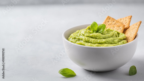 Creamy avocado dip served in white bowl with crispy crackers and fresh basil leaves, perfect for snacking or entertaining guests.