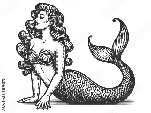 mermaid, with flowing hair and seashell top, exuding classic retro fantasy charm sketch engraving generative ai fictional character raster illustration. Scratch board imitation. Black and white image.