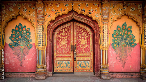 The ornate wooden door of the Indian palace.