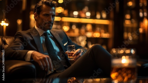 A well-dressed man in a suit enjoys a drink while seated in a dimly lit, upscale bar or lounge