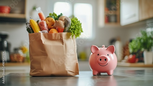 Piggy bank and a paper bag with food products in the kitchen. Concept of financial benefit, saving money with savings. Food savings concept in banner, wallpaper, poster, bank leaflet, web design.