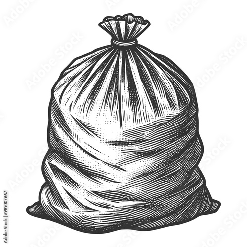 tied garbage bag, detailed with textured line work, depicting a classic household item sketch engraving generative ai raster illustration. Scratch board imitation. Black and white image.