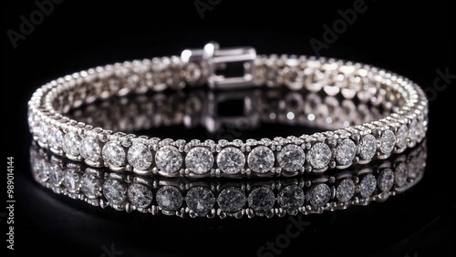 Elegant silver bracelet with diamonds shining on black background