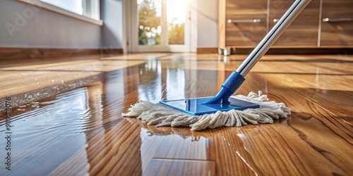 Water spilled on laminate wooden bedroom floor being mopped up with a wet floor mop