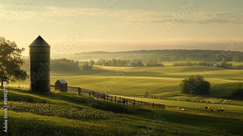 A lone silo stands in the middle of a quiet animal farm, green fields stretching out in the distance