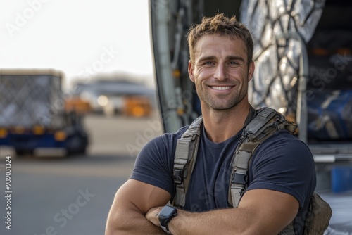 A confident military man in combat gear stands next to a large transport aircraft, exuding strength, readiness, and dedication, against an airbase backdrop.