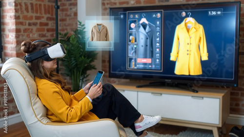 Virtual Fashion Try-On Experience, A woman immersed in a virtual clothing store using VR technology. She browses through digital garments displayed on a television screen.