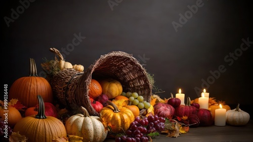 Beautiful autumn themed cornucopia overflowing with pumpkins and other fall fruits on the table, thanksgiving cornucopia, fall harvest display, autumn fruits