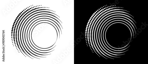 Modern abstract background. Halftone dots in circle form. Round logo. Vector dotted frame. Design element or icon. Black shape on a white background and the same white shape on the black side.