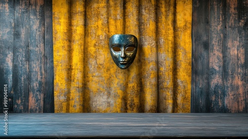 Mysterious mask on aged wooden background