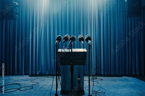 A podium stands empty with multiple microphones set up, signifying a pending press conference or speech against a backdrop of deep blue curtains.