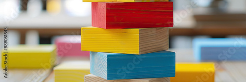 Color-Coordinated Blocks: Primary Color Blocks on Wooden Planks