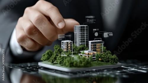 A business professional interacts with a miniature urban model, showcasing innovation in real estate development and technology.