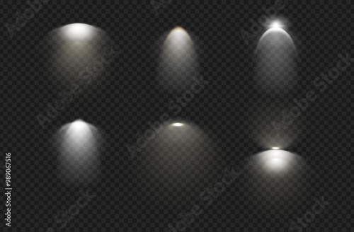 Wall lights, isolated set of sconces light glowing on wall. Vector variety of lamps giving cold illumination for home. Studio or interior design accessories. Advertising or scene arrangement