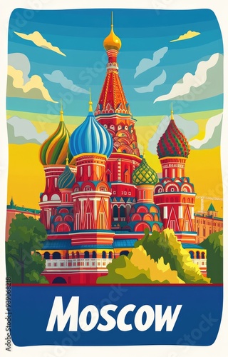 Stylized modern vector artwork showcasing the colorful architecture of Moscow with vibrant domes and a bright sky