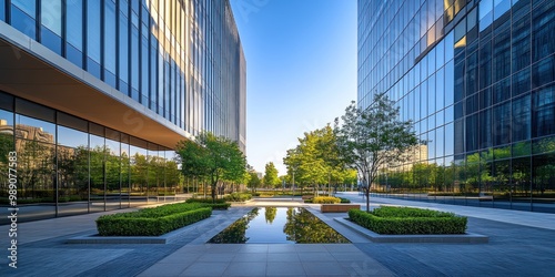 Modern Office Buildings with Reflecting Pool and Greenery