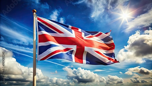 A close-up shot of the Union Jack waving proudly in the wind, with a blurred blue sky and fluffy white clouds in the background.