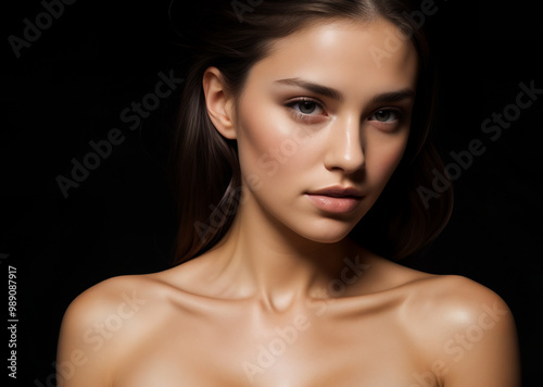 Portrait of nude young brunette woman or girl with beautiful expressive collarbones and shoulders on black background