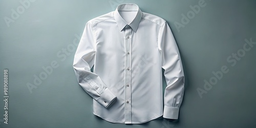 A crisp, white, long-sleeved dress shirt with a conservative collar and button-down front, lying flat on a smooth, bright surface, ready to be worn.