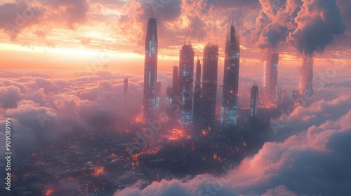 futuristic megacity skyline at sunrise iridescent skyscrapers with bioinspired architecture hovering transport pods holographic clouds