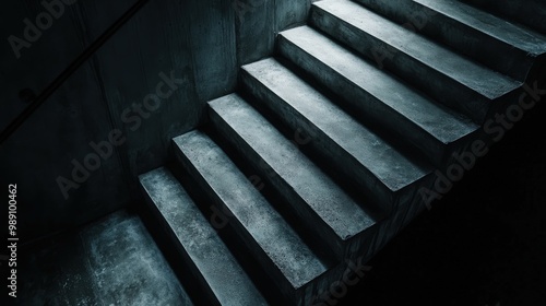 A fascinating shot of concrete stairs in a dimly lit modern architectural space, indicating a blend of industrial design with a mysterious and somber atmosphere.