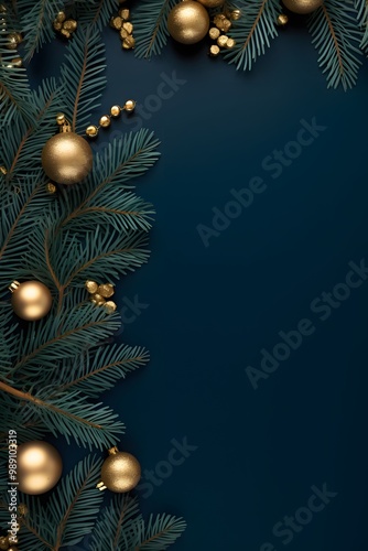 Navy Blue Christmas Background with Pine Branches and Gold Ornaments