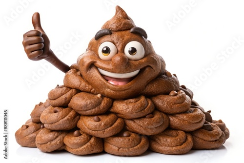 A humorous close-up of a cartoon-style pile of brown feces with a smile and a thumbs up, isolated on a white background.