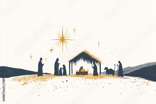 Figures by a manger under a starry sky nativity scene