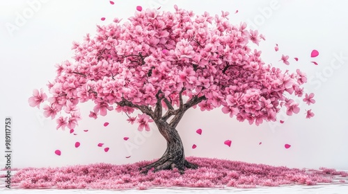 A beautiful pink cherry blossom tree with petals gently falling, creating a serene and tranquil atmosphere in nature.