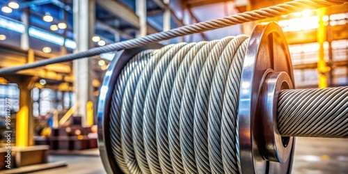 Wire rope in sheave groove for lifting equipment Close up view of wire rope running through sheave groove with blurred industrial background